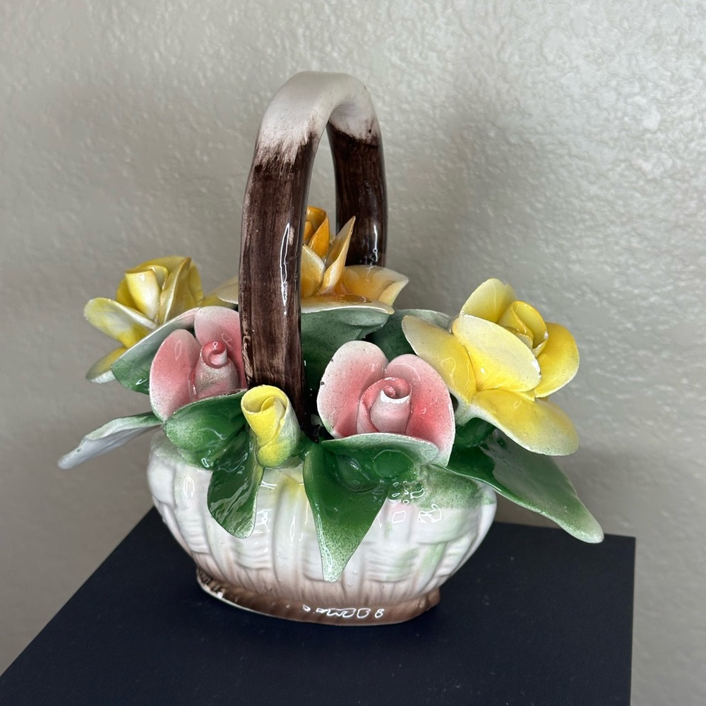 Floral Ceramic Basket with Yellow and Pink Roses